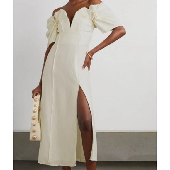 cult gaia Dresses & Skirts - NWT Cult Gaia Muna Linen Raw Edge Cream Puff Sleeve Midi Dress 2